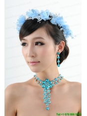 Blue Flowers Rhinestone Jewelry Set Including Necklace And Earrings