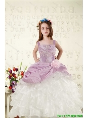 Cheap White and Lavender Little Girl Dress with Appliques and Ruffled Layers