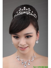 Elegant Rhinestone Wedding Jewelry Set Including Drop Necklace Earrings And Crown