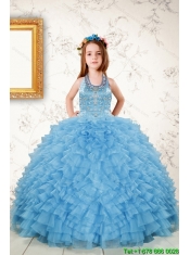 Fashionable Beading and Ruffles Little Girl Dress in Aqua Blue