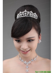 Intensive Flower Rhinestone Alloy Jewelry Set With Crown Necklace And Earrings