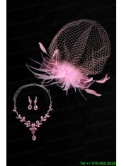 Pink Luxurious Rhinestone Ladies' Jewelry Set Including Necklace And Headpiece