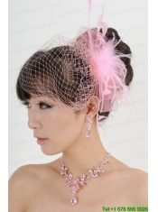 Pink Luxurious Rhinestone Ladies' Jewelry Set Including Necklace And Headpiece