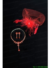 Red Crystal Wedding Jewelry Set With Necklace and Feather Headpiece