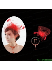 Red Crystal Wedding Jewelry Set With Necklace and Feather Headpiece