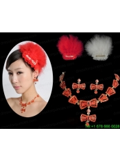 Red Luxurious Rhinestone Ladies' Jewelry Set Including Necklace And Headpiece