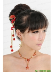 Red Rhinestone Dignified Necklace And Earring Set For Ladies