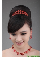 Red Rhinestone Wedding Jewelry Set Including Necklace Crown And Earrings