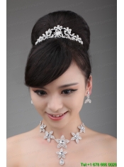 Rhinestone Jewelry Set Including Necklace Crown And Earrings With Intensive Flower