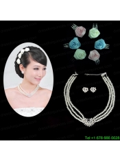 Vintage Style Pearl With Rhinestons Necklace Earring and Headpiece Set