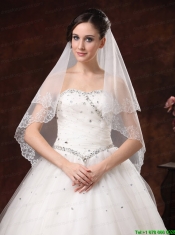 White Lace Appliques And Two-tier Organza Veil For Modest Wedding