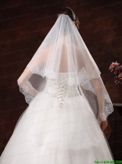 White Lace Appliques And Two-tier Organza Veil For Modest Wedding