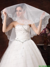 White Lace Appliques And Two-tier Organza Veil For Modest Wedding