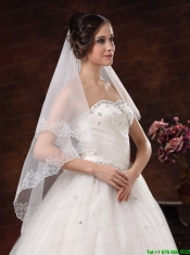White Lace Appliques And Two-tier Organza Veil For Modest Wedding