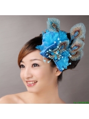 2013 Peacock Blue Feathers Headpieces Beading For Party