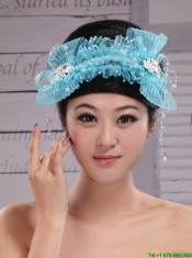 Aqua Blue Tulle Headpieces With Rhinestones and Imitation Pearls Decorate