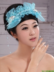 Aqua Blue Tulle Headpieces With Rhinestones and Imitation Pearls Decorate