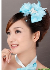 Beautiful Aqua Blue Taffeta and Organza Beading Feather Fascinators