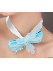 Beautiful Aqua Blue Taffeta and Organza Beading Feather Fascinators