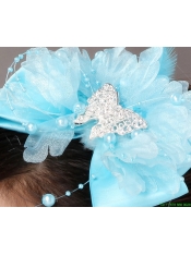 Beautiful Aqua Blue Taffeta and Organza Beading Feather Fascinators