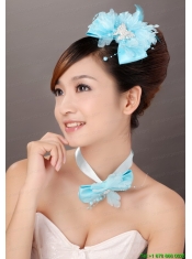 Beautiful Aqua Blue Taffeta and Organza Beading Feather Fascinators