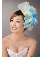 Blue Feather and Light Yellow Net Flower With Beading For Bridal