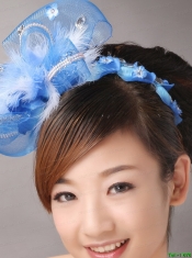 Blue Net and Feather With Beading Flower For Bridal