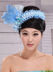 Classical Rhionstones and Feather Decorate On Tulle Baby Blue Headpices For Party