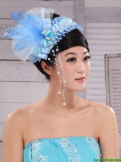 Classical Rhionstones and Feather Decorate On Tulle Baby Blue Headpices For Party
