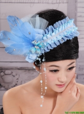 Classical Rhionstones and Feather Decorate On Tulle Baby Blue Headpices For Party