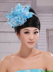 Classical Sky Blue Headpices With Rhionstones and Feather Decorate On Tulle For Party
