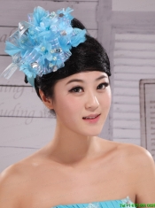 Classical Sky Blue Headpices With Rhionstones and Feather Decorate On Tulle For Party