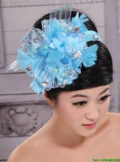 Classical Sky Blue Headpices With Rhionstones and Feather Decorate On Tulle For Party