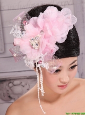 Custom Made Baby Pink Headpieces Organza and Tulle With Imitation Pearls and Beaded Decorate