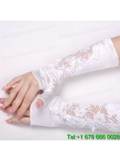 Elegant Satin Fingerless Elbow Length Bridal Gloves With Lace Appliques