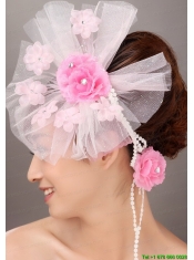 Fashionable Light Pink Tulle Hand Made Flowers Beading Fascinators For Party