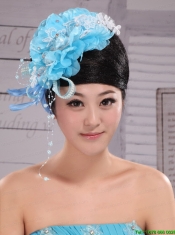 Feather Custom Made Aqua Blue Headpices With Imitation Pearls and Flowers Decorate