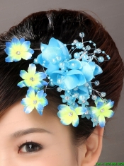 Fully Handmade Blue Organza Imitation Pearls Fascinators
