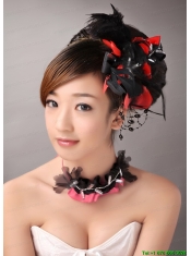 Fully Handmade Romantic Headpiece Red and Black With Feather For Party