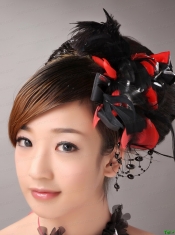 Fully Handmade Romantic Headpiece Red and Black With Feather For Party