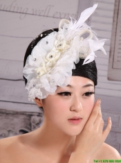 Hair Accessories For Brides Bud Silk Yarn Feather With Pearls and Beading Embellishment