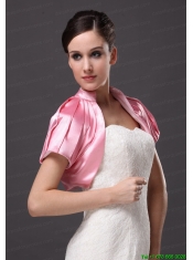 High-neck Satin Rose Pink Short Sleeves Jacket For Other Formal Occasions With Ruch Decorate