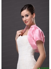 High-neck Satin Rose Pink Short Sleeves Jacket For Other Formal Occasions With Ruch Decorate