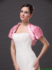 High-neck Satin Rose Pink Short Sleeves Jacket For Other Formal Occasions With Ruch Decorate