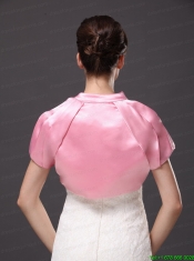 High-neck Satin Rose Pink Short Sleeves Jacket For Other Formal Occasions With Ruch Decorate