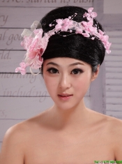 Pink and White Satin Feather With Pearls Flowers For Party