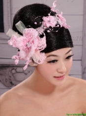 Pink and White Satin Feather With Pearls Flowers For Party