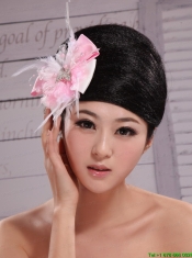 Pink and White Satin Feather With Pearls Flowers For Party