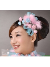 Pink Feather and Blue Net Flower Beading For Party
