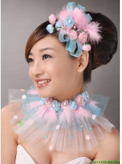 Pink Feather and Blue Net Flower Beading For Party